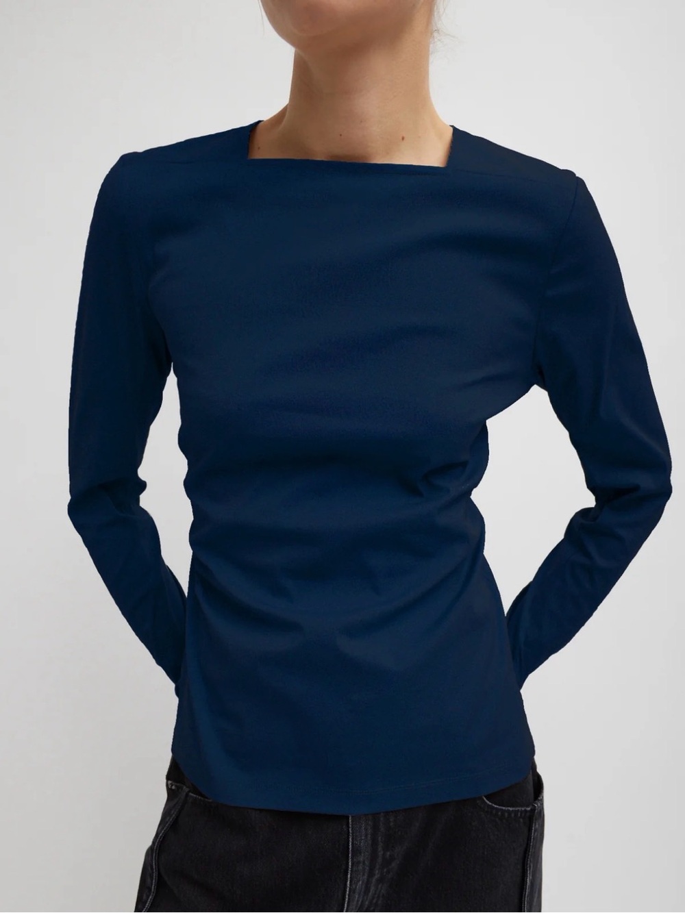 Tibi Stretch Cotton Nylon Square Neck Slim Circular Sleeve Top